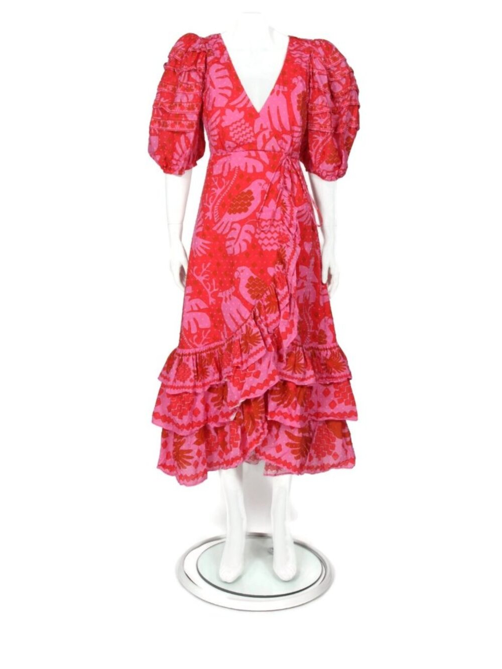 FARM RIO Jungle Wrap Midi Maxi Dress Pink Red Puff Sleeve Tiered Skirt sz S /750